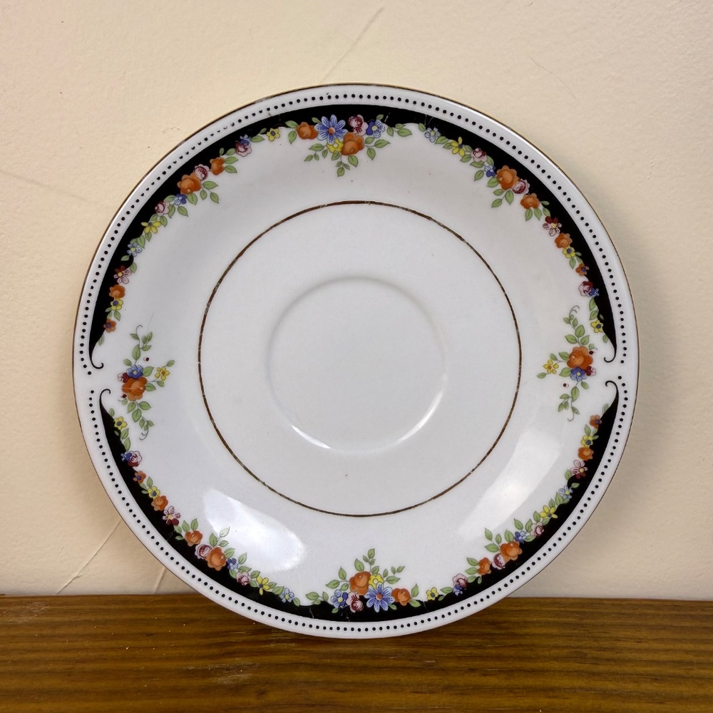 Set of 4 Lynn’s Fine China Saucers – Floral Black & Gold Trim, 6.25” - Picture 12 of 13